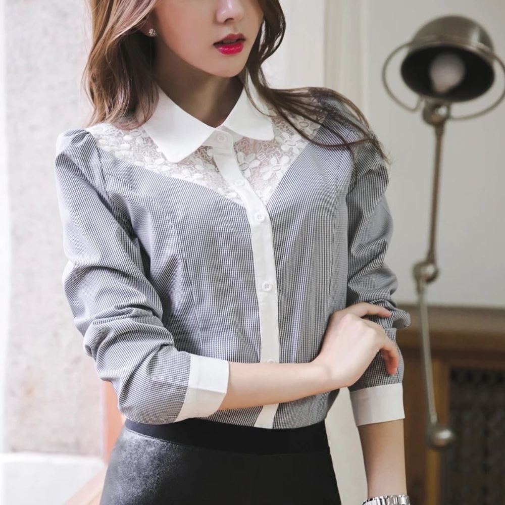 Blouse floral blue collar button lace top women